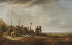 Simon de Vlieger, VIEW OF A DUNE AND A COAST WITH LIGHTHOUSE AND FISHERMEN, Oil on panel