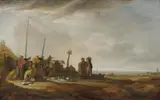 Simon de Vlieger, VIEW OF A DUNE AND A COAST WITH LIGHTHOUSE AND FISHERMEN, Oil on panel