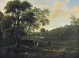 Dutch School 17th century, WOODED MEDOW LANDSCAPE WITH HUNTSMEN AND HORSEMEN, Oil on canvas