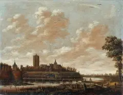 Jan Meerhout, RIVER LANDSCAPE WITH FORTIFIED TOWN, Oil on panel