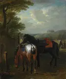 Pieter van Bloemen, TWO HORSES WITH SADDLES AT A WATERING PLACE TWO HORSES WITHOUT SADDLES AT A WATERING PLACE, Oil on panel (parquetted)