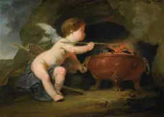 Bernhard Rode, AMOR SHARPENING HIS ARROWS, Oil on canvas