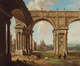 LANDSCAPE WITH RUINS, A SELF PORTRAIT BY THE ARTIST AND RESTING SHEPHERDS, IN THE BACKGROUND THE MARIENKIRCHE OF GELNHAUSEN by Christian Georg Schütz the Elder and Friedrich Wilhelm Hirt, Oil on copper, sold May 2009