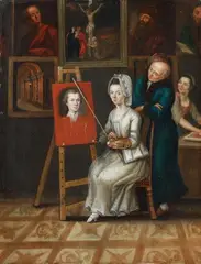 Josef Dorn, SELF PORTRAIT OF THE ARTIST WITH HIS WIFE IN HIS STUDIO, Oil on panel