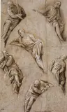 called Veronese Paolo Caliari, STUDIES FOR SIX FIGURES, Brush and brown ink, heightened with white