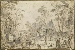 Sebastiaan Vrancx, SCENE IN A VILLAGE, Pen and brown ink, brush and grey ink
