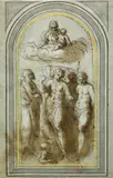 THE VIRGIN APPEARING TO THE SAINTS MICHAEL, SEBASTIAN AND TWO FURTHER SAINTS by called Palma il Giovane Jacopo Negretti, Pen and brown ink, wash, on coloured drawing paper, sold May 2009