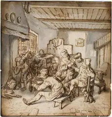 Cornelis Dusart, SENE IN A TAVERN, Brush and brown and grey ink ovr graphite, was