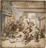 Cornelis Dusart, SENE IN A TAVERN, Brush and brown and grey ink ovr graphite, was