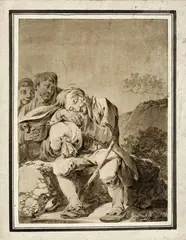 attributed to Etienne Aubry, SLEEPING WANDERERS, Brush and brown ink, mounted on hand-made paper