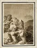 attributed to Etienne Aubry, SLEEPING WANDERERS, Brush and brown ink, mounted on hand-made paper