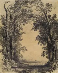 Théodore Rousseau, VIEW OF A PARK, Black chalk on thin cardboard