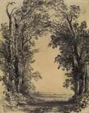 Théodore Rousseau, VIEW OF A PARK, Black chalk on thin cardboard