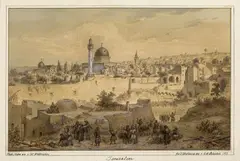 Carl August Lebschée, VIEW OF JERUSALEM, Brush and grey, brown and white ink