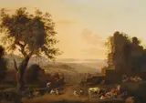 Ludwig Philipp Strack, CLASSICAL LANDSCAPE WITH RUINS AND ANIMALS, Oil on canvas (relined)