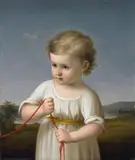 attributed to Johann Heinrich Beck, PORTRAIT OF A CHILD WITH RED RIBBON, Oil on canvas mounted on hardboard