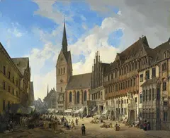 Domenico Quaglio the Younger, The Market Church of St. Georgii et Jacobi, the Market Place and the Town Hall in Hannover, Oil on canvas (relined)