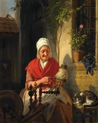 OLD WOMAN AT THE SPINNING WHEEL by Josephus Laurentius Dyckmans, Oil on panel, sold May 2009