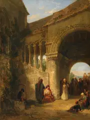 François Bossuet, GENRE SCENE IN FRONT OF A SPANISH CHURCH AND MOORISH GATE, Oil on canvas