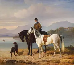 Franz Adam, THE CHIEMSEE WITH HORSEMEN AND SADDLED WHITE HORSE, Oil on canvas