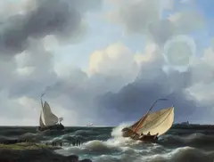 Abraham Hulk, FISHER BOATS IN A STORMY SEA, Oil on canvas, mounted on cardboard