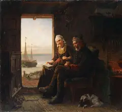 Rudolf Jordan, INTERIOR WITH AN AGED COUPLE AND A VIEW ON THE SEA, Oil on canvas