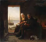 Rudolf Jordan, INTERIOR WITH AN AGED COUPLE AND A VIEW ON THE SEA, Oil on canvas