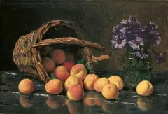 Otto Scholderer, SILL LIFE WITH BASKETT, APRICOTS AND FLOWERS, Oil on canvas