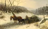 Ludwig Benno Fay, WINTER LANDSCAPE WITH SLEDGES, Oil on canvas (relined)