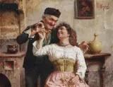 Eugenio Zampighi, OLD MAN AND YOUNG WOMAN, Oil on canvas, mounted on wood