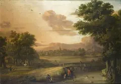 Jean Baptiste Beguinet, LANDSCAPE WITH A HUNT, Oil on panel