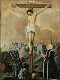 German School, first half 17th century, CHRIST ON THE CROSS WITH DONORS, Oil on panel