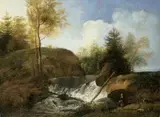 LANDSCAPE WITH WATER FALL, SHEPHERDS AND SHEEPS by attributed to Johann Christian Klengel, Oil on copper, sold Mar 2009