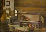 Monogrammist Re, RURAL INTERIOR WITH A LOOM AND A SPINNING-WHEEL, Oil on panel