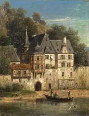 Peter Becker, FORTIFIED TOWN AT A RIVER, Oil on canvas, mounted on cardboard