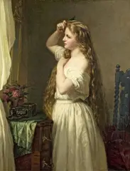 Oscar Begas, YOUNG WOMAN COMBING HER HAIR, Oil on canvas