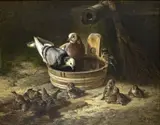 Johann Siegwald Dahl, DOVES AND SPARROWS AT THE WATERING PLACE, Oil on canvas