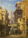 Bernhard Fiedler, A BUSY STREET IN CAIRO, Oil on canvas, mounted on wood