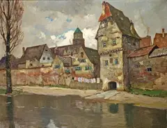 Franz Frankl, VIEW OF A TOWN AT A RIVER, Oil on canvas