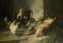 Johann Baptist Hofner, DEAD FOX AND CHICKENS, Oil on canvas, mounted on wood
