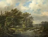 WOODED RIVER LANDSCAPE WITH SHEEPS AND SHEPHERD by follower of Barend Cornelis Koekkoek, Oil on canvas, mounted on wood, sold Mar 2009