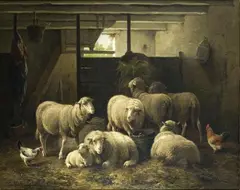Cornelius Van Leemputten, BARN WITH SHEEPS AND CHICKEN, Oil on canvas (relined)