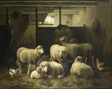 Cornelius Van Leemputten, BARN WITH SHEEPS AND CHICKEN, Oil on canvas (relined)