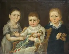 Nether, PORTRAIT OF THREE CHILDREN WITH PUPPET AND BIRD NEST, Oil on canvas