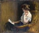 Caspar Ritter, YOUNG WOMAN READING, Oil on wood, framed under glass