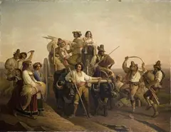 THE ARRIVAL OF THE MOWERS IN THE PONTINE MARSHES by copy after Louis Léopold Robert, Oil on canvas (relined), sold Mar 2009