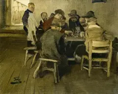 PEASENTS PLAYING DICE by Wilhelm Schreuer, Mixed media on cardboard, sold Mar 2009
