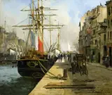Pierre Louis Léger Vauthier, LIVELY HARBOUR SCENE IN FRANCE, Oil on canvas (relined)