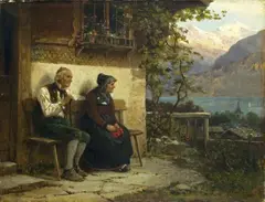 Benjamin Vautier, EVENING. TWO OLD PEASENTS SITTING IN FRONT OF THEIR HOUSE, Oil on canvas