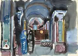 Eduard Bargheer, Church Interior with Worshippers, Double sided watercolour over pencil drawing on ivory coloured wove paper with watermark "PMFABRIANO (1937)"
